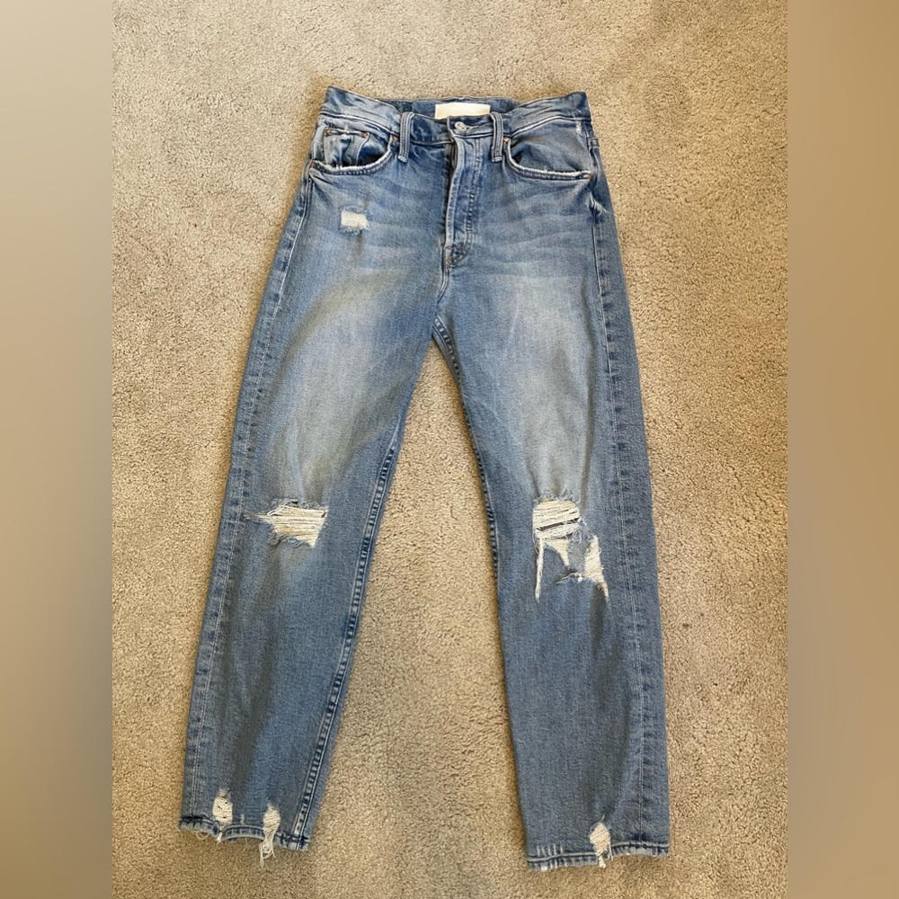 MOTHER Light Blue Distressed Straight-Leg Jeans